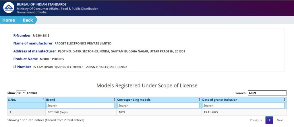 Nothing Phone (4a) BIS Certification Listing